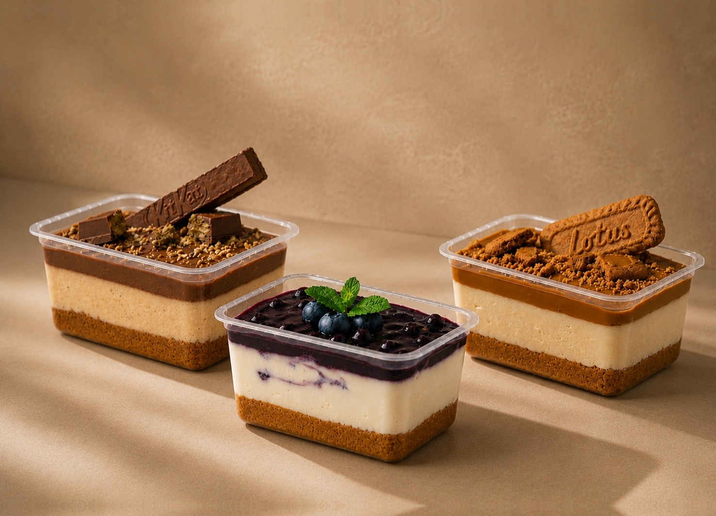 Three layered cheesecake tubs